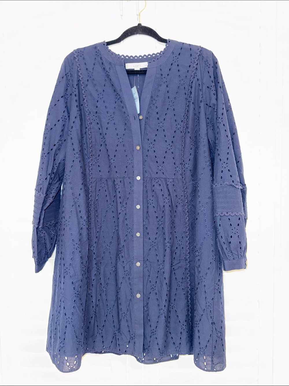 NWT Loft petite XL long sleeve navy blue eyelet lined dress.